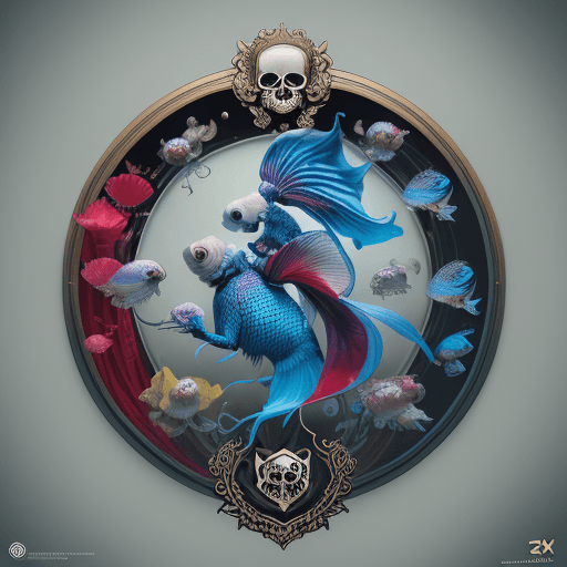 AI generated: create a pciture of the uck family crest, orchid, skull, betta fish, bioluminiscent creatures, intri...