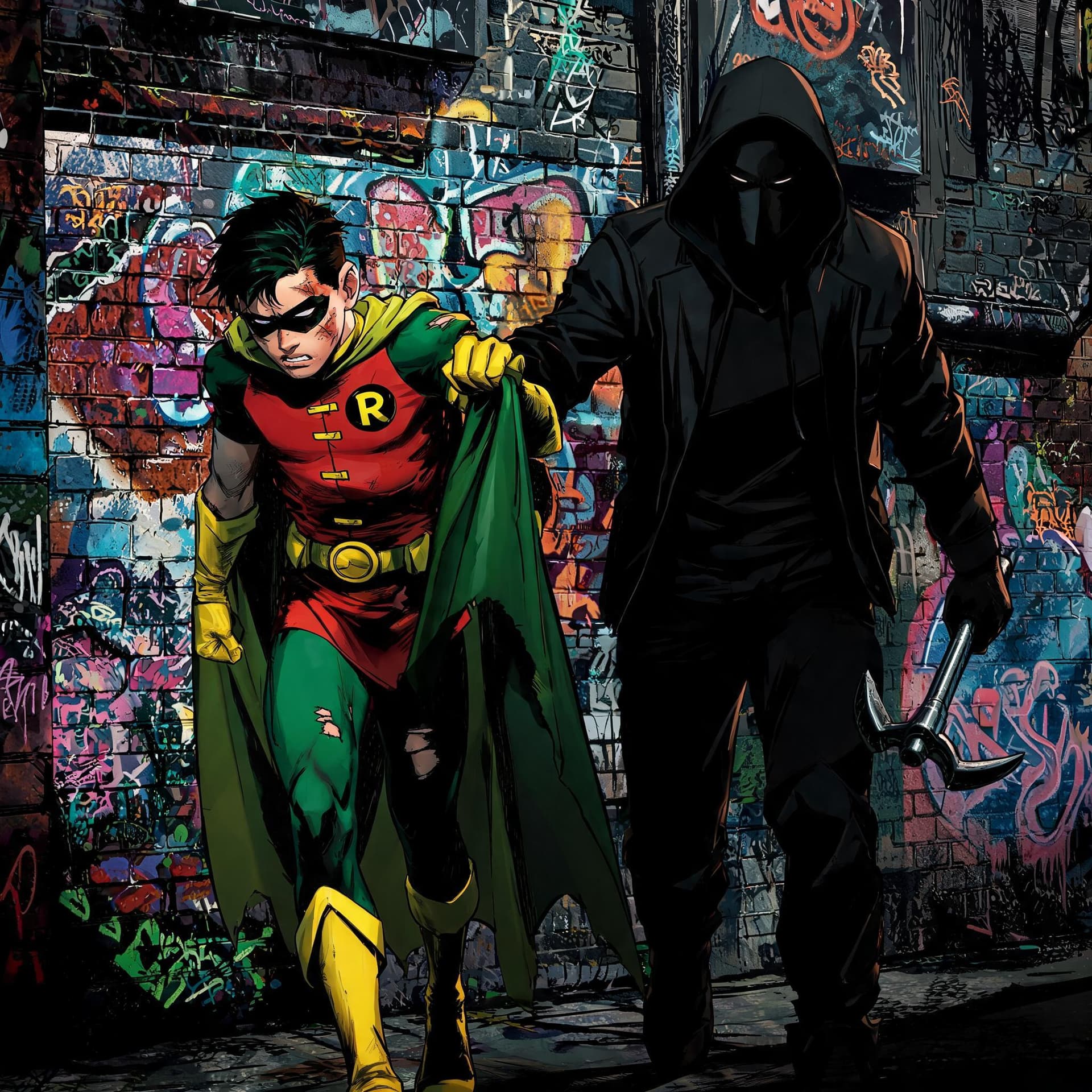 AI generated: a full body pov 3d comic book illustration of a bruised and battered robin the boy wonder from Batma...