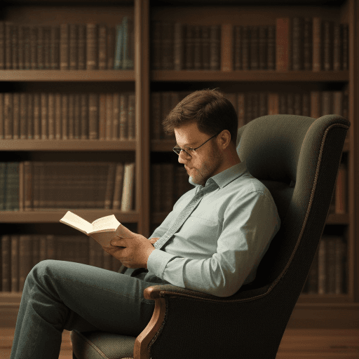 AI generated: a man reading a book in a chair
