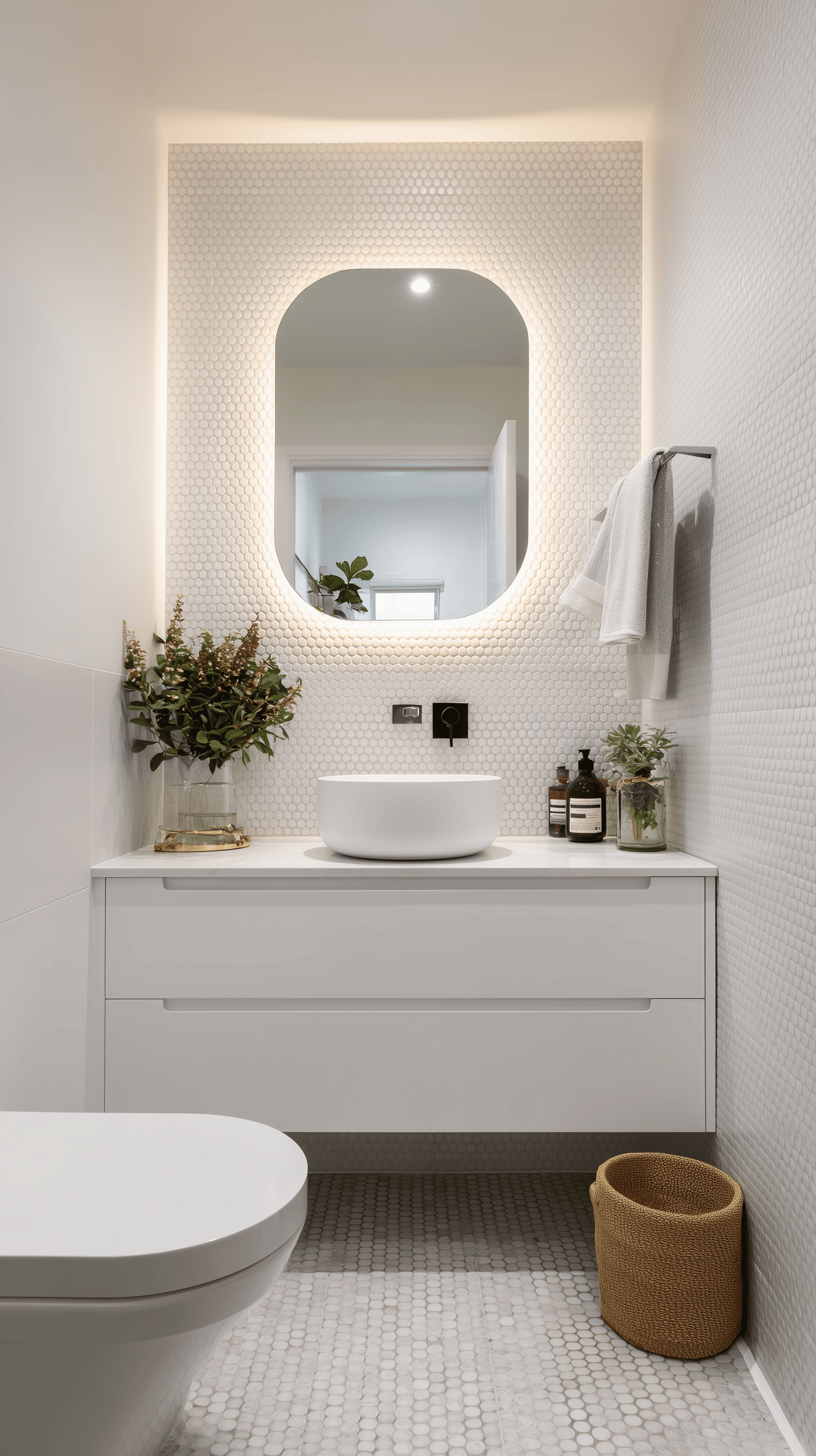 AI generated: photography, front shot, small bathroom, whole white, matte white floor and walls tile, white top bo...
