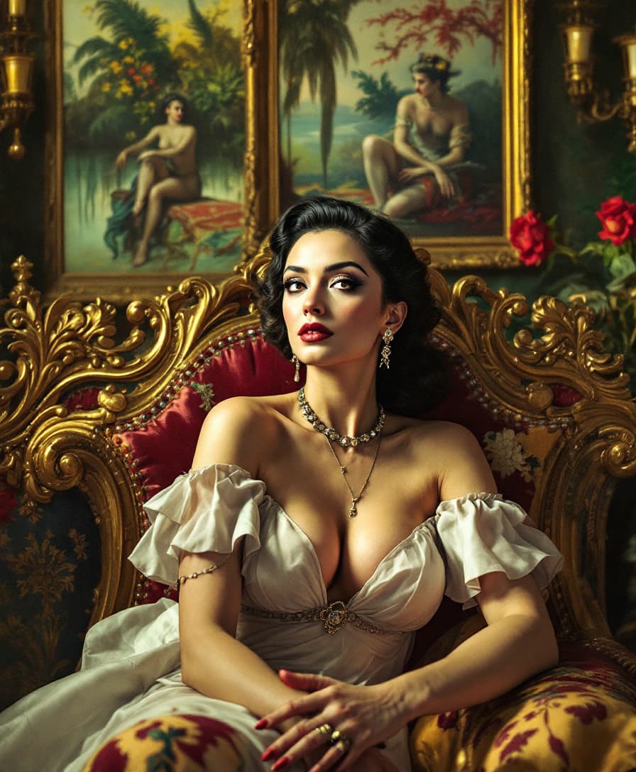 AI generated: Salvador Dali::3 Rainha::2 linda dama posando em um salão rococó opulento e ornamentado muito compli...