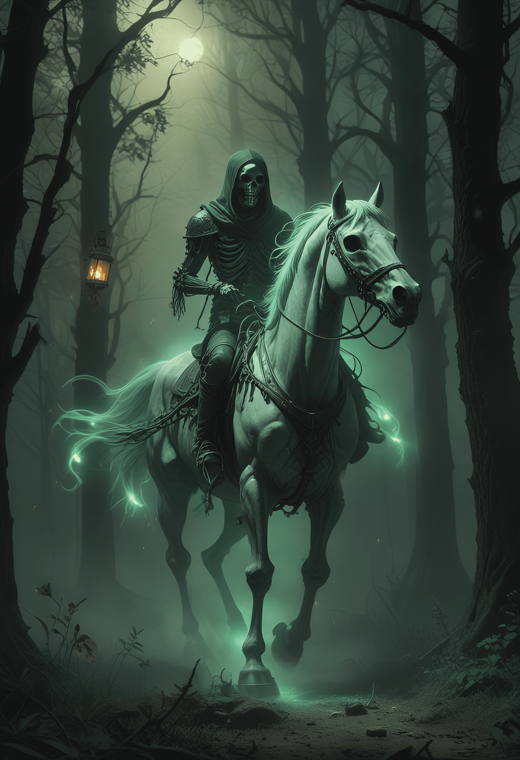 AI generated: In a dark forest, a ghostly skeleton rider moves slowly on a spectral horse, holding a rusty lantern...