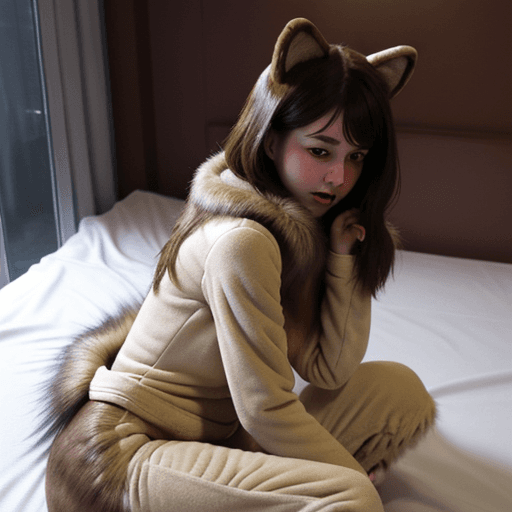 AI generated:  a girl  , on a bed,  she is in a fur suit and is peeing?
