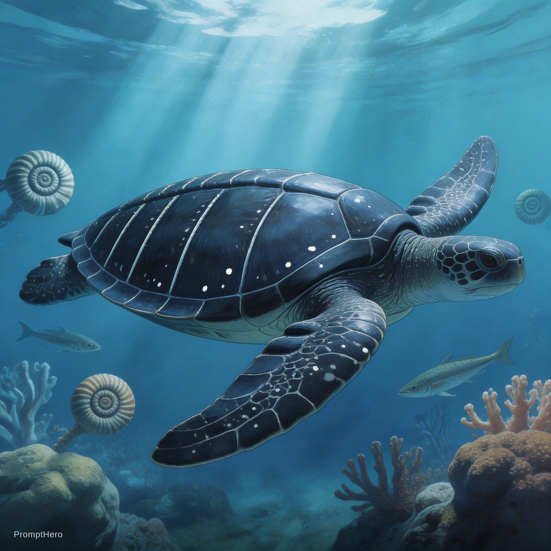 AI generated: A massive prehistoric leatherback sea turtle (Dermochelys) from the Cretaceous period swimming grace...