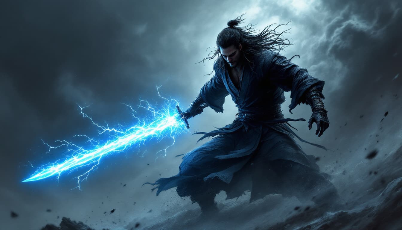 AI generated: A fierce warrior, shrouded in shadows and dynamic energy, wields a glowing blue sword that crackles ...