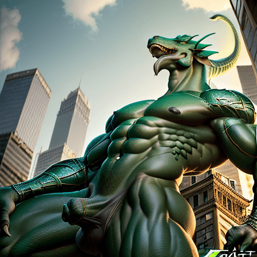 AI generated: looking up at the torso of skinny, athletic green anthro dragon, briefs with comically massive bulge...