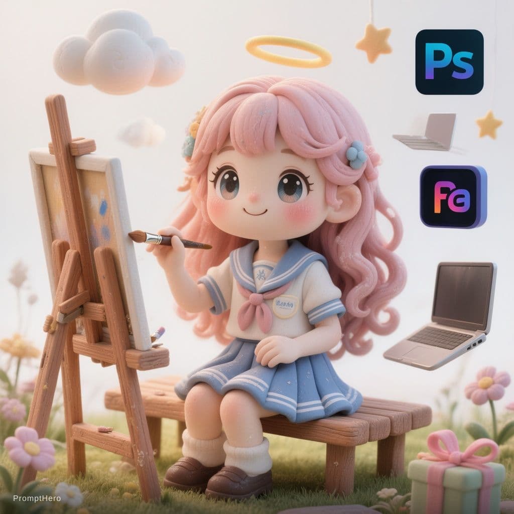 AI generated: The IP image of a chibi 3D clay-style girl is adorable with pink long curly hair, a round face with ...