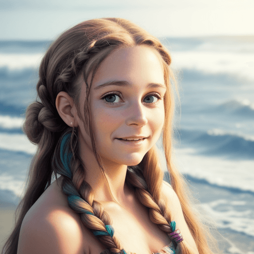 AI generated: A hippie woman with beautifully braided hair. naturally cute. portrait photo by the sea, dynamic pos...