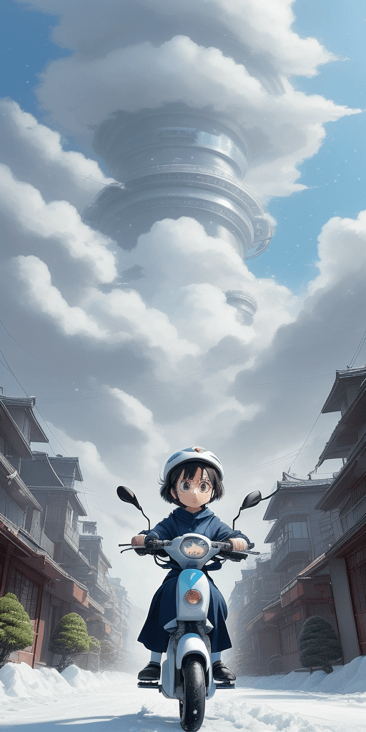AI generated: The little girl riding an electric scooter/bike, in a beautiful anime scene by Hayao Miyazaki: a sno...