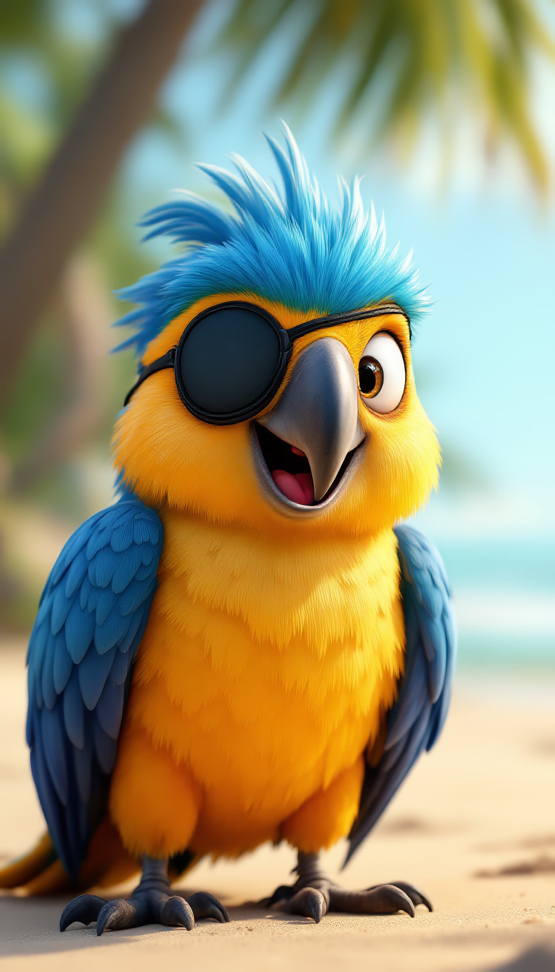 AI generated: A whimsical, full-body, close-up 3D render of a cartoon pirate parrot, stylistically blending Pixar ...