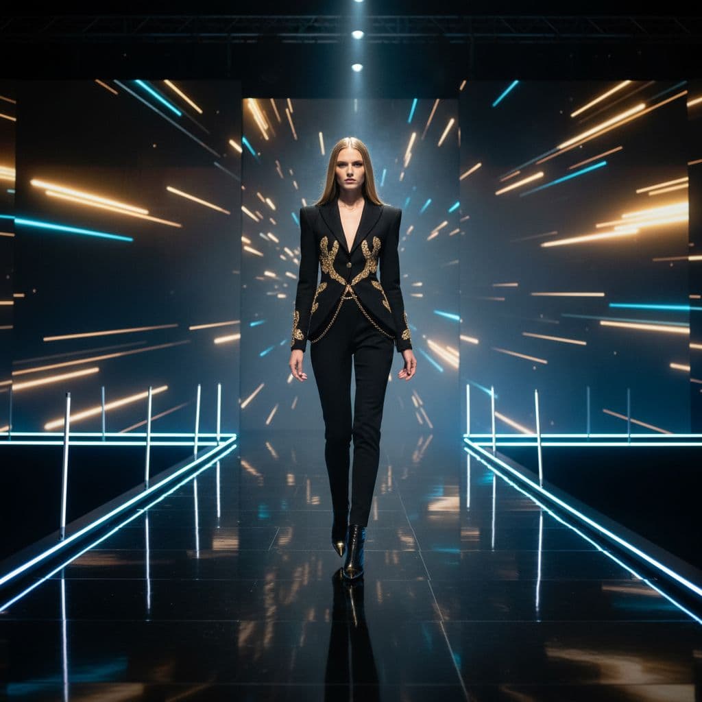 AI generated: {
  "scene": {
    "style": "fashion_show",
    "camera": {
      "angle": "front_low",
      "...