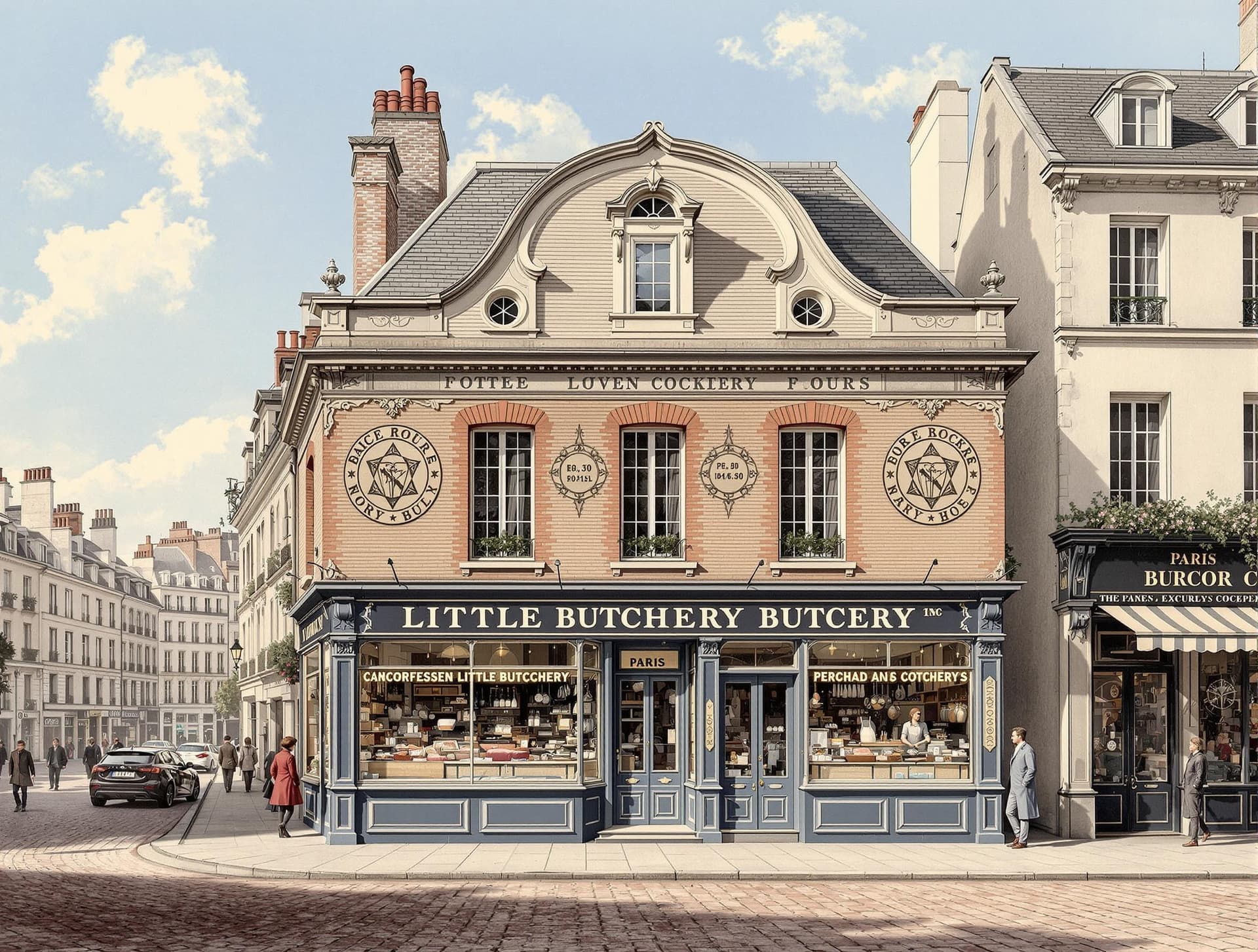 AI generated: Paris 1880, hyperrealistic illustration, a facade of a little butchery, front view, elevation, in co...