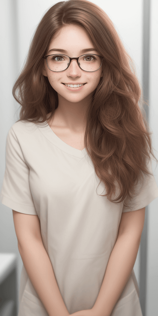 AI generated: [Three-quarter close-up: :12], [Smart face, plain brown wavy hair, (fair skin: 1.2), freckles on the...