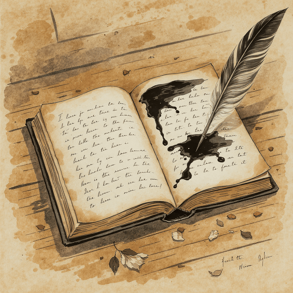 AI generated: An illustration of an old journal lying open on a wooden table, with dried petals and black ink spil...