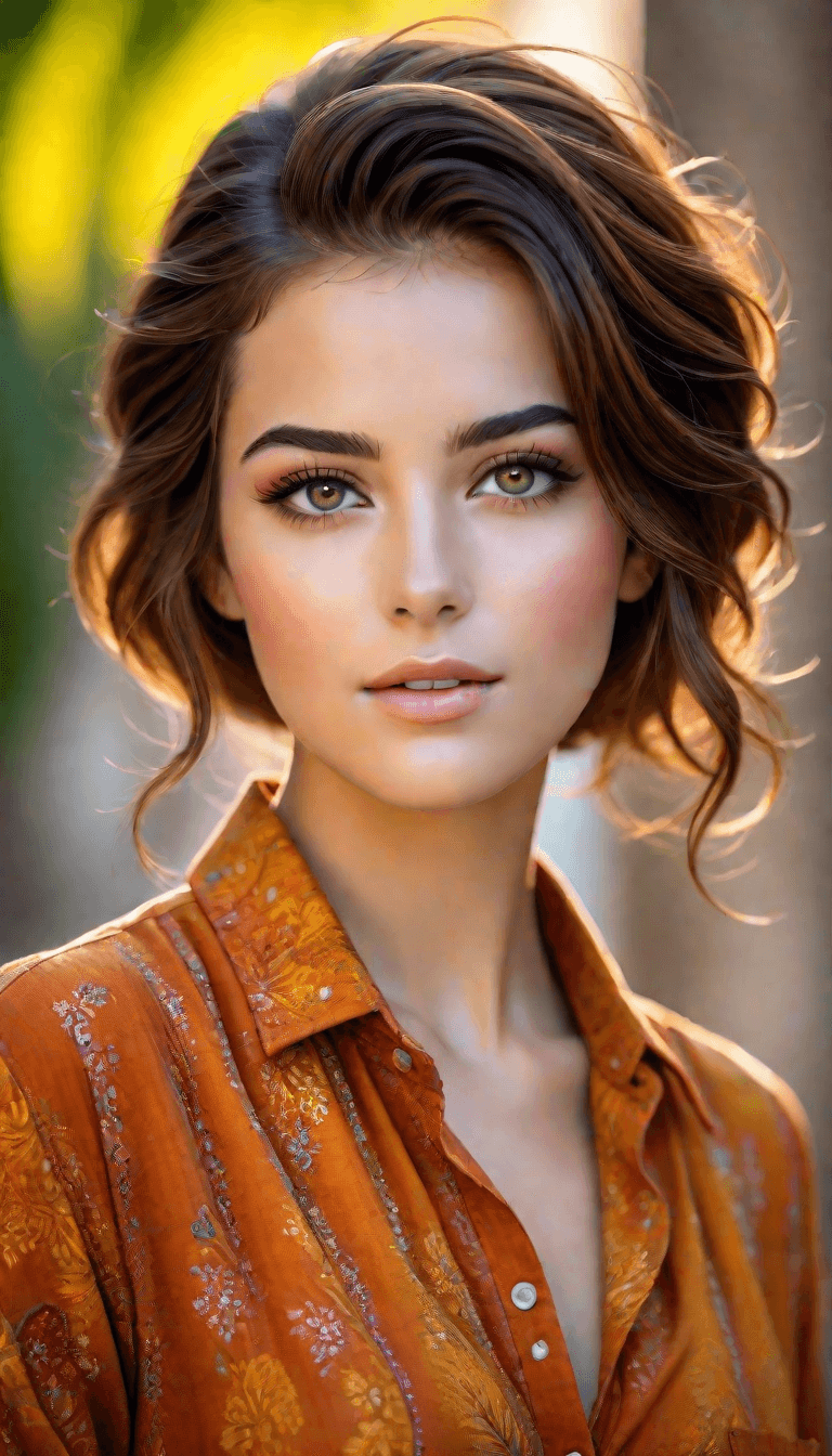 AI generated: An image of a young woman with soft wavy hair and a welcoming expression. She wears a floral-pattern...
