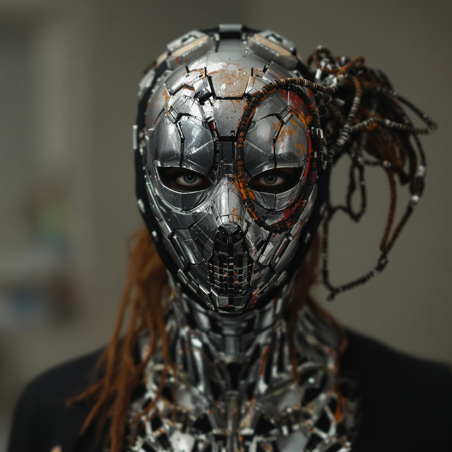 AI generated: Hyperdetailed photo, Mid Shot Photo, murderbot by matha wells, female, (human:robot:0.2) , opaque ma...