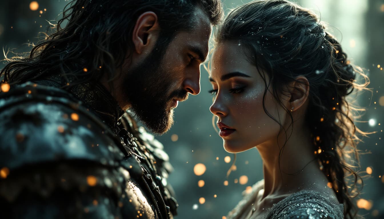 AI generated:  un homme type  guerrier celte  se dissolvant et s'efface au vent en poussière , il est face a une t...