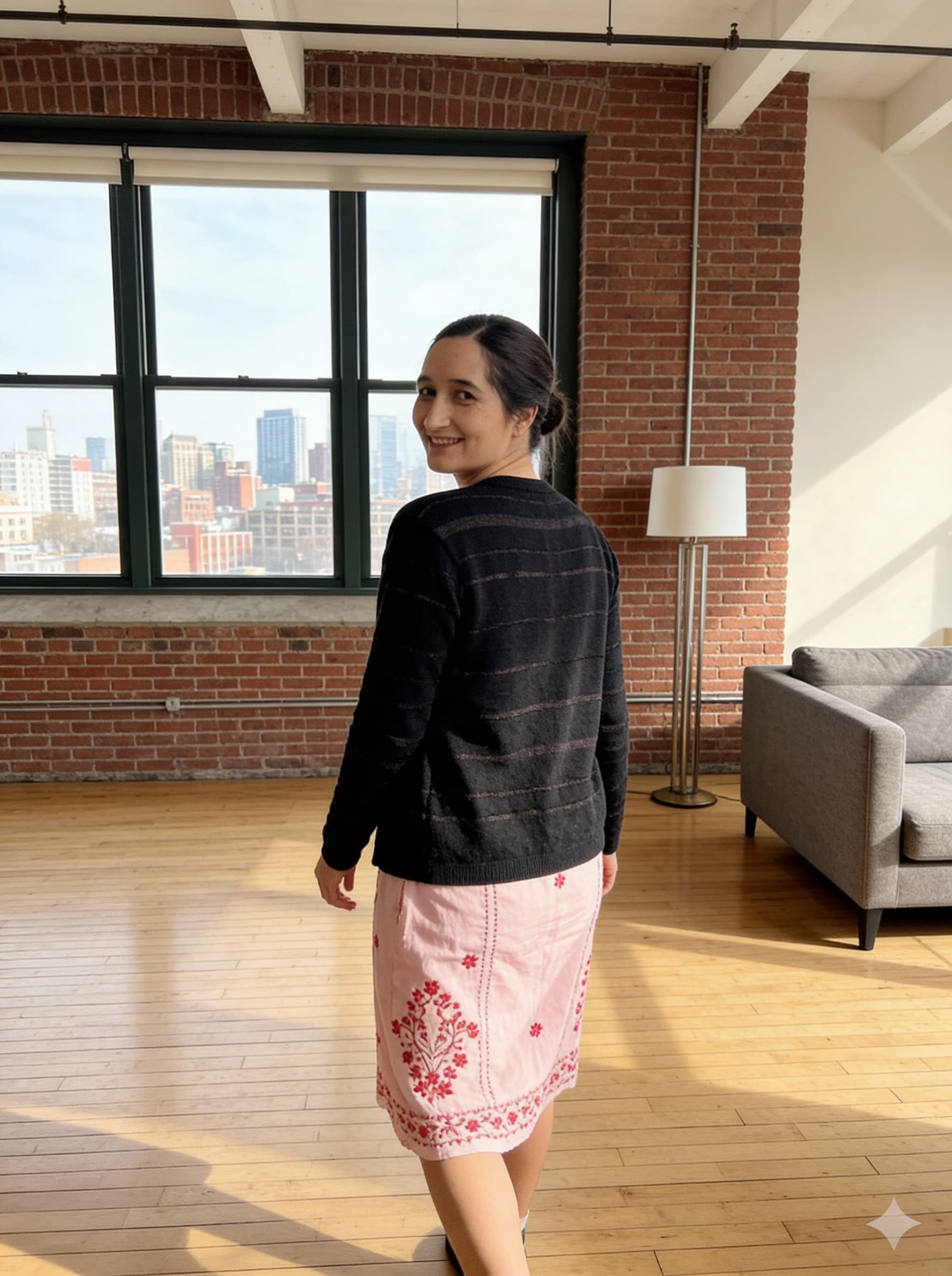 AI generated: 
Have her walking away looking back smiling