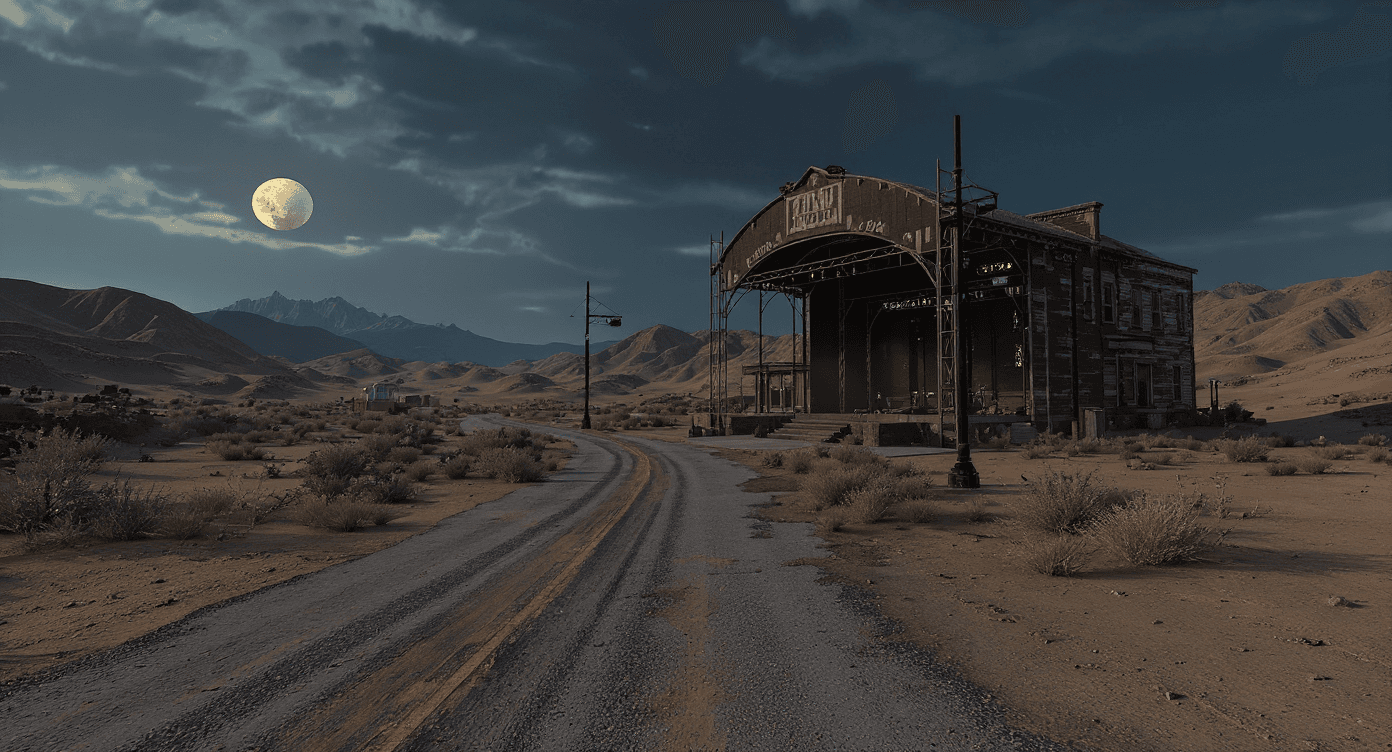 AI generated: at the end of the town edge you see a road leading up to an big concert arena in the dessert
