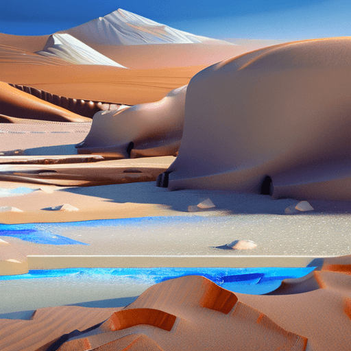 AI generated: illustration of a strange mysterious desolate desert with light blue sand , painting like ,light wha...