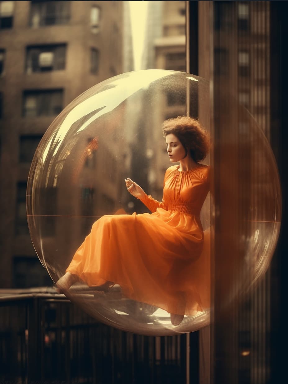 AI generated: a woman in an orange dress flying through a bubble, a picture, inspired by Jerry Schatzberg, tumblr,...