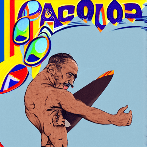AI generated: pancho villa surfing, dressing a short, no t-shirt, tatoos in the chest and arms super realistic pic...