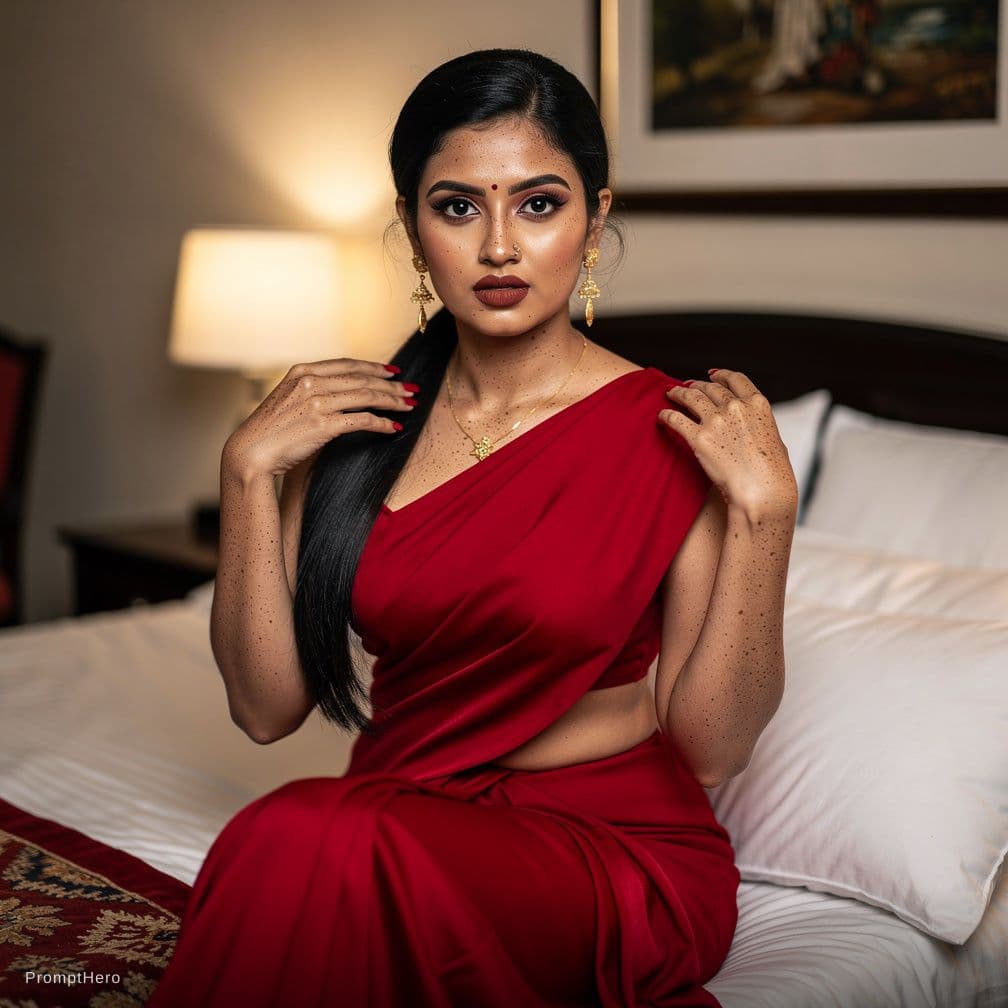 AI generated: a very large breasted lady in red saree with huge cleavage, 1girl, solo, breasts, looking at viewer,...