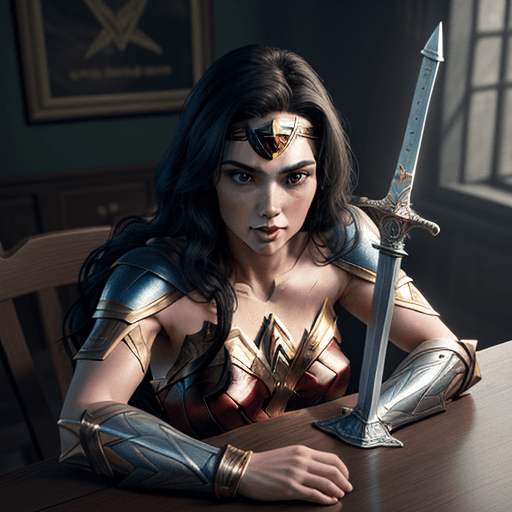AI generated: sword on the table with the design and character of wonder woman The sword is gold and grey dark, no...