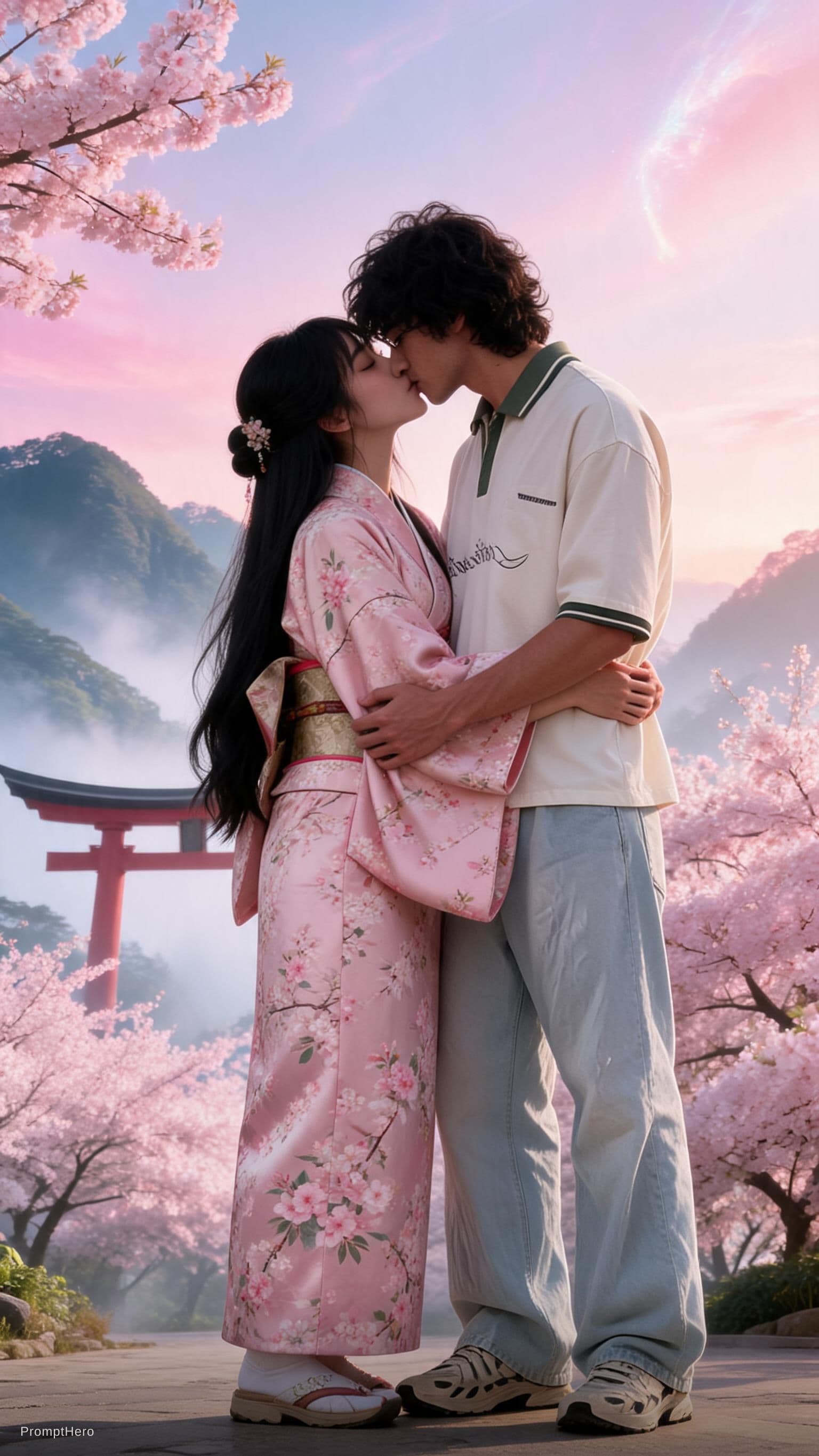 AI generated: Fantasy,Japanese girl,hot model,bad vein, beautiful fantasy landscape, tight suit,kimono kissing thi...