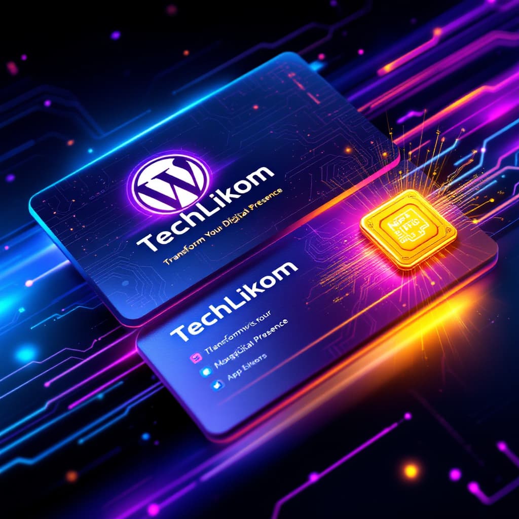 AI generated: Design a futuristic NFC business card for a WordPress web agency named TechLikom. The card should em...