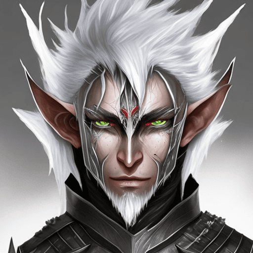 AI generated: Hyper realistic shadar-kai elf knight that has glowing veins with short white hair that is messy. He...