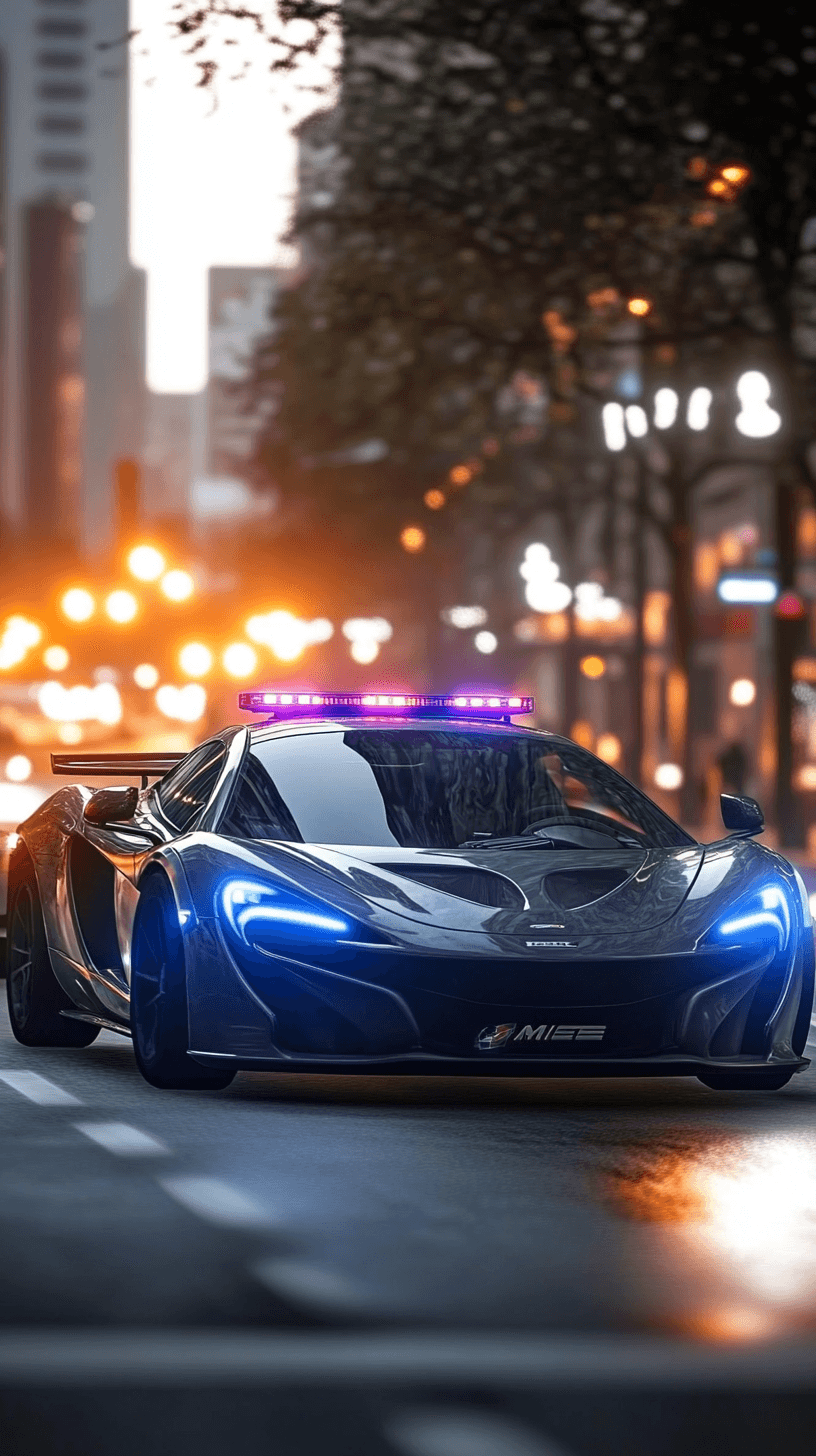 AI generated: Striking, photorealistic police [McLaren] car with flashing lights patrolling city streets, represen...
