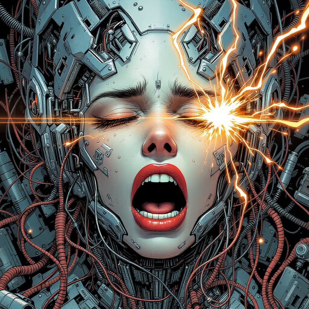 AI generated: Comic book illustration, 3/4 view, close up portrait of beautiful European female cyborg, mouth open...