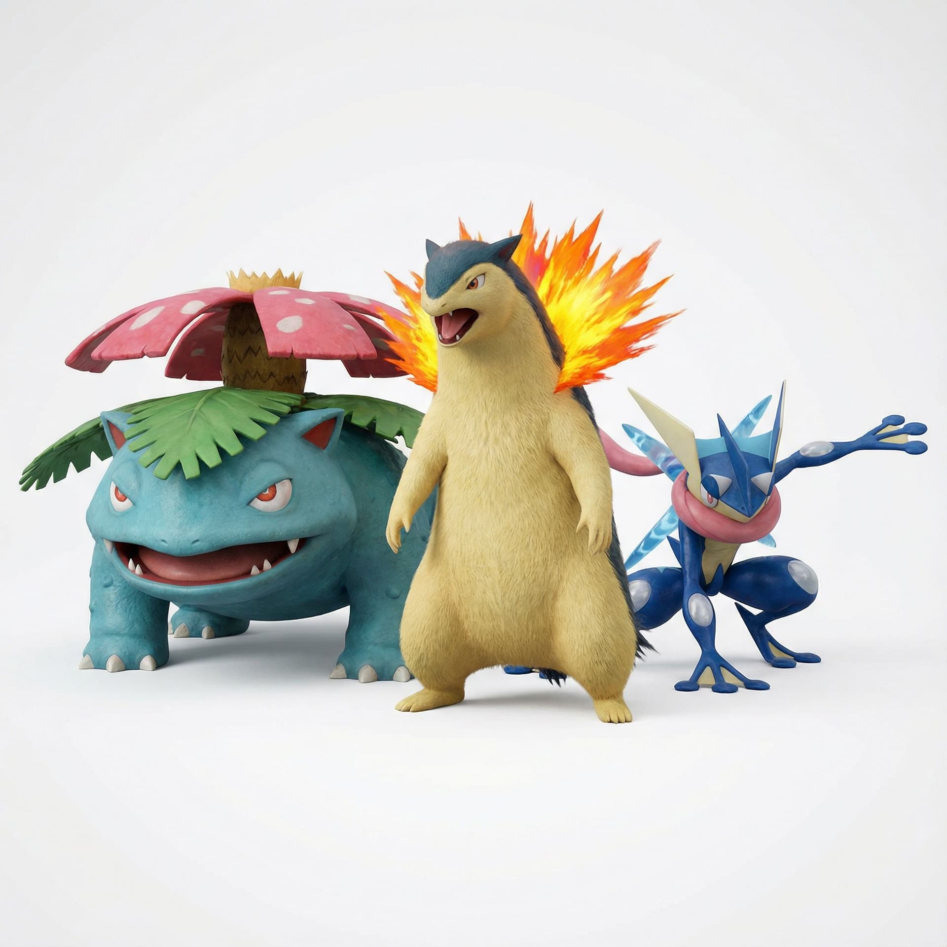 AI generated: Me podrías hacer una imagen de Venusur Typhlosion y Greninja juntos con cuerpo completo y fondo blan...