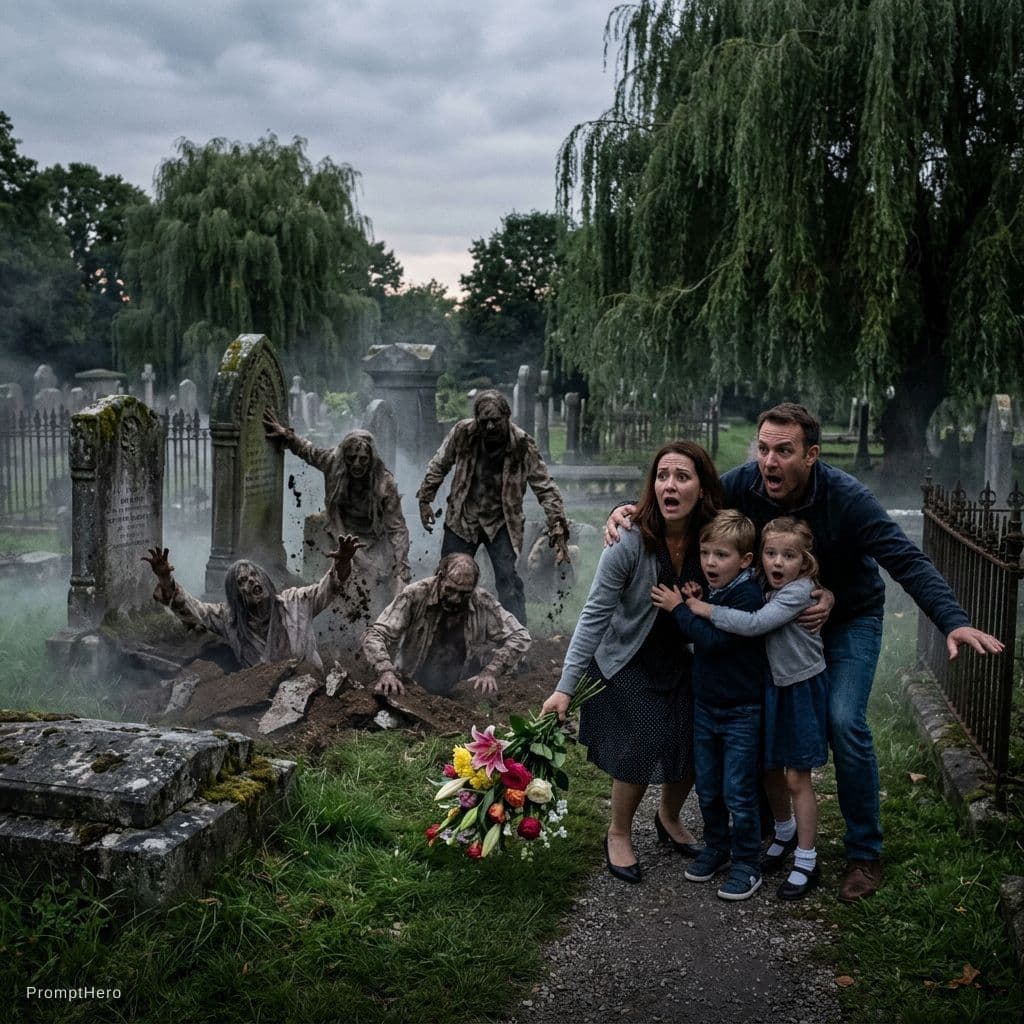 AI generated: The dead rise from the ground. The to family that came with flowers are frightend to death.