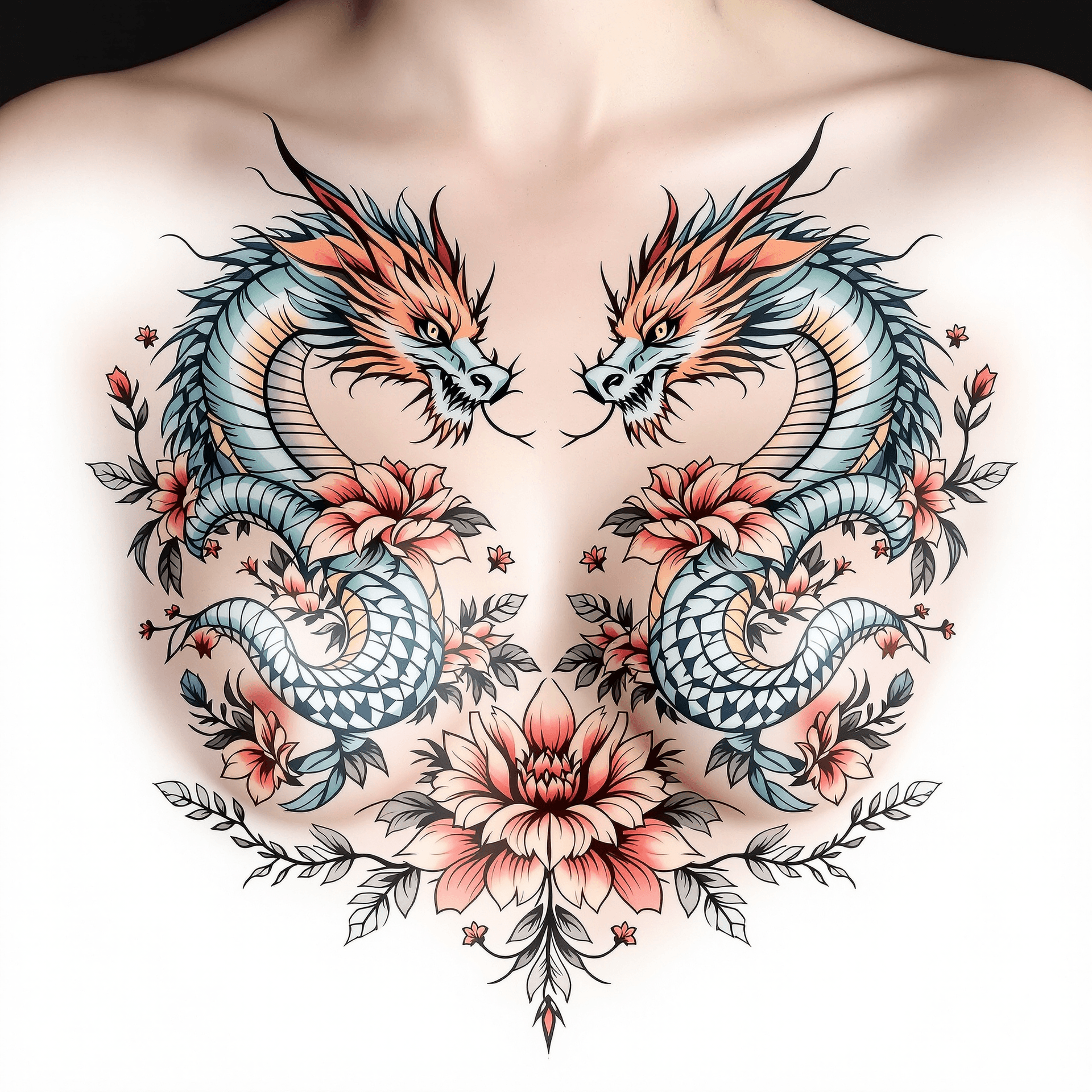 AI generated: doble tatoo template (mirrored) colored dragon with flowers template to place beneath a womans chest...