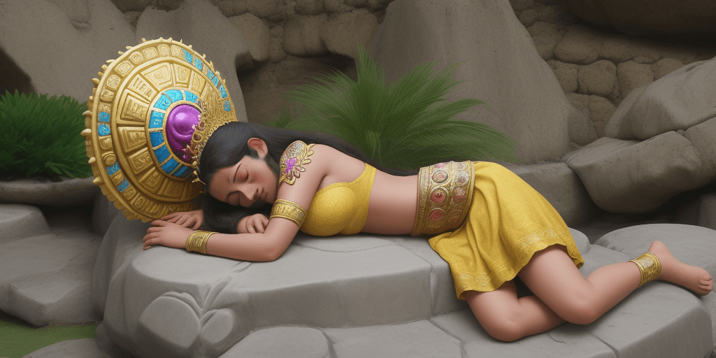 AI generated: princesa azteca hermosa durmiendo de espalda recostada sobre rocas