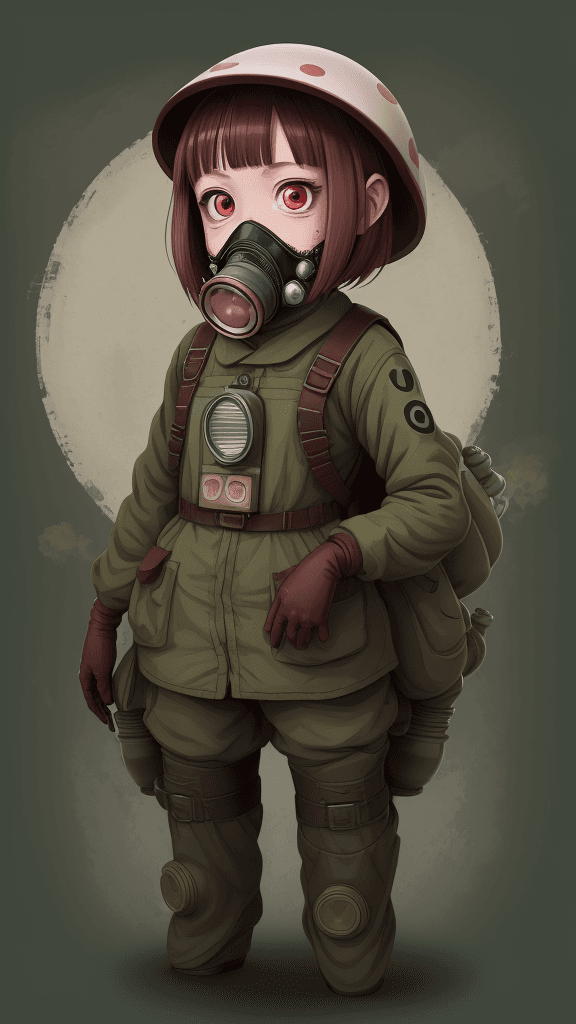 AI generated: portrait of a little mushroom girl. Wearing a gas mask. Prominent eyes, azuki illustration, anime, v...