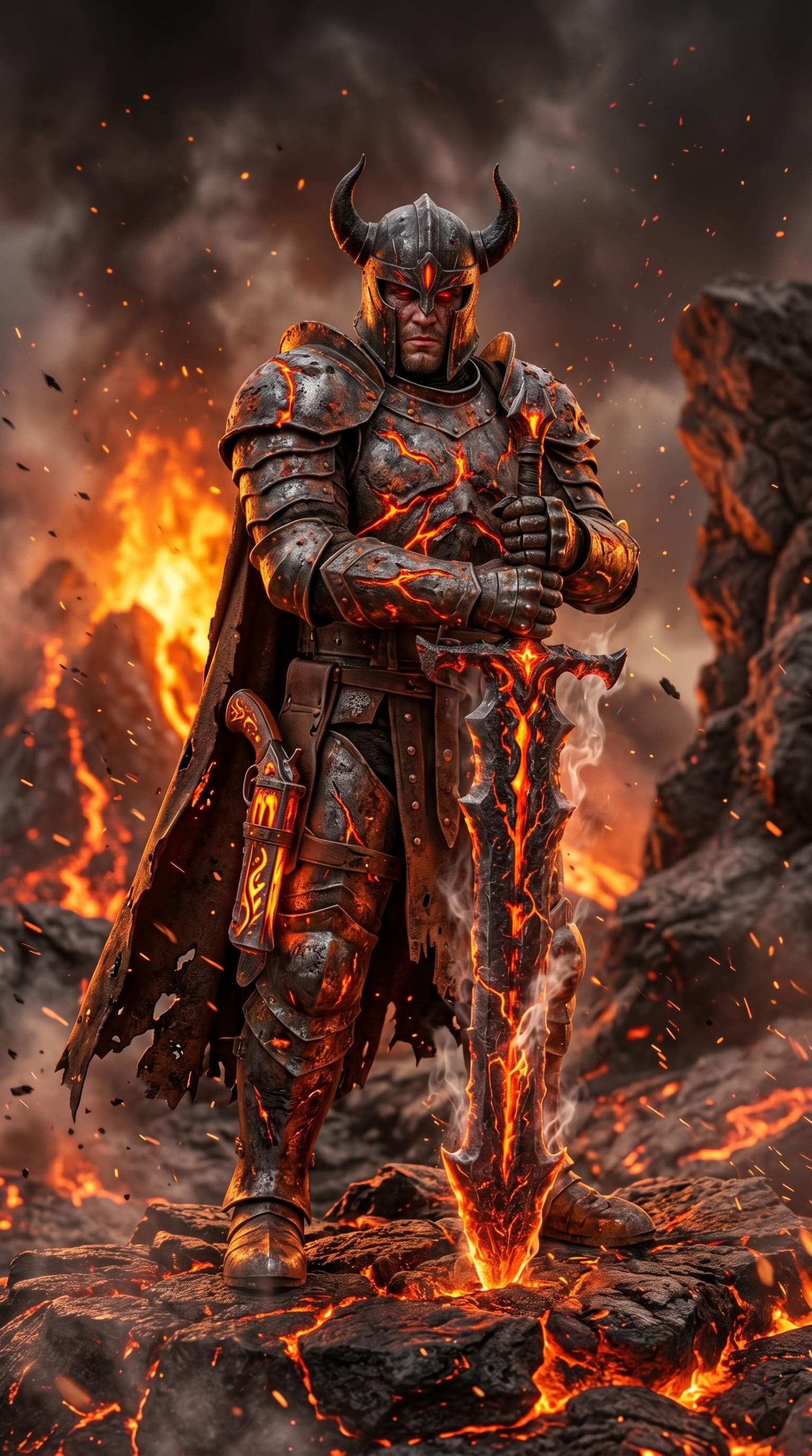 AI generated: A full-body portrait of a male infernal warden clad in scorched iron armor veined with ember-lit cra...