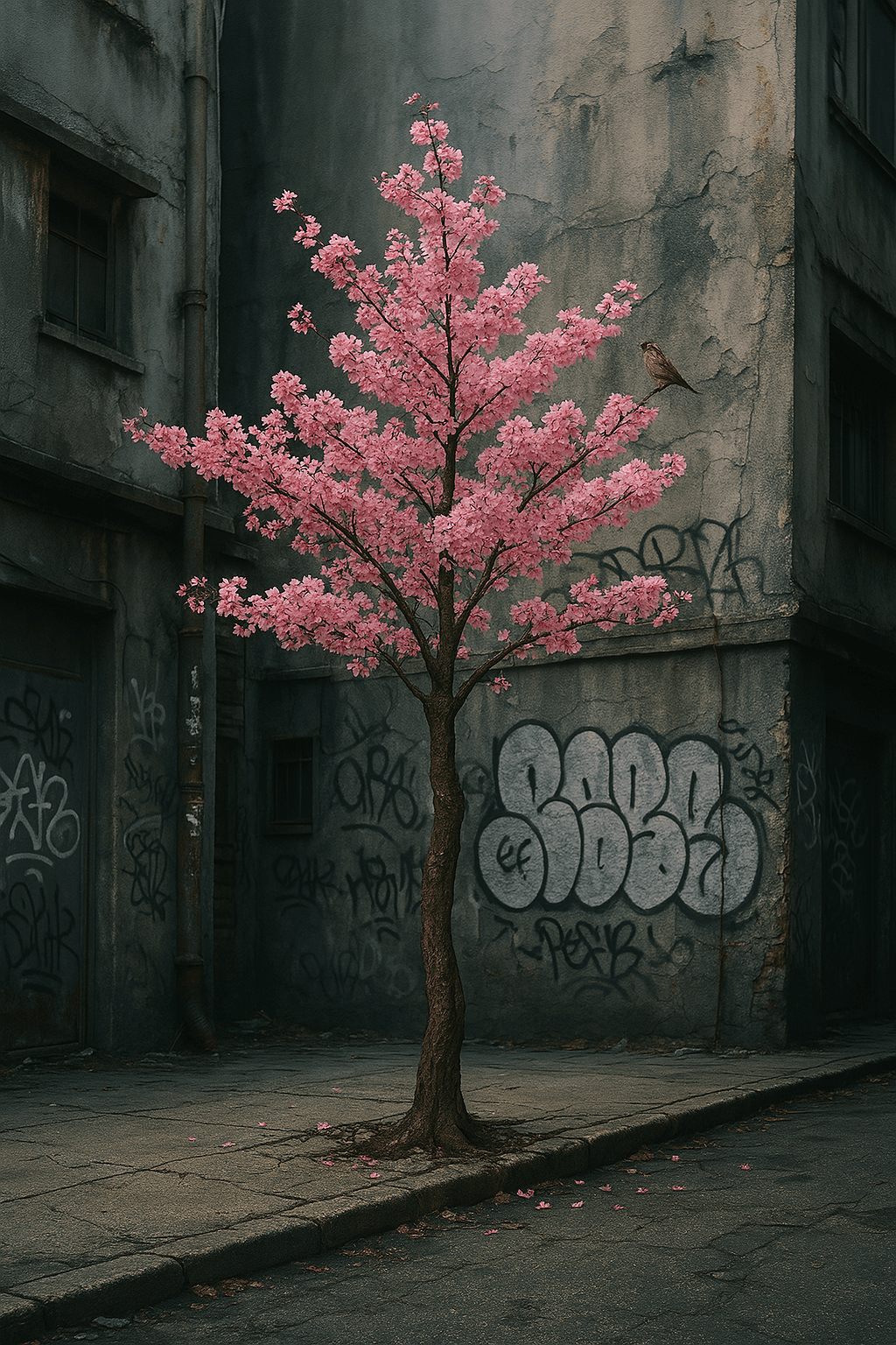 AI generated: Create an image that juxtaposes the delicate beauty of nature with the harsh reality of urban decay....