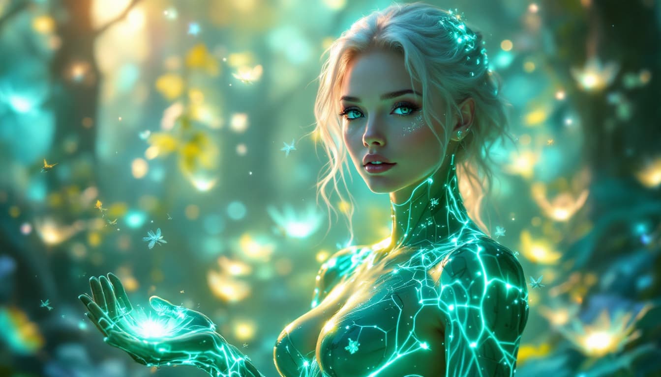 AI generated: A highly detailed digital painting of a futuristic female figure in a glowing, otherworldly forest. ...