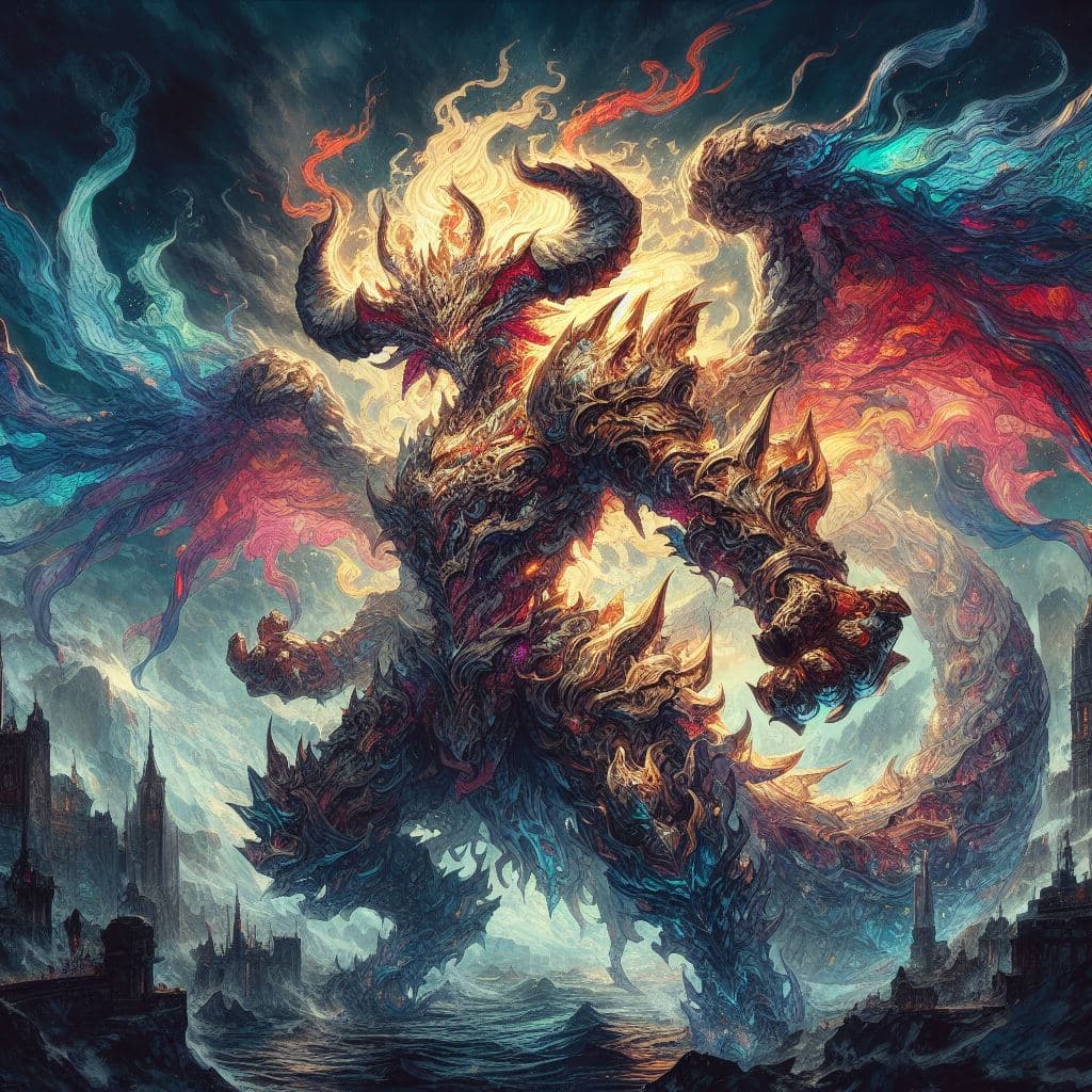 AI generated: a elemental chimera, heavy damages, proud pose, epic composition, Ultrakill, Pragmata, dark castle b...