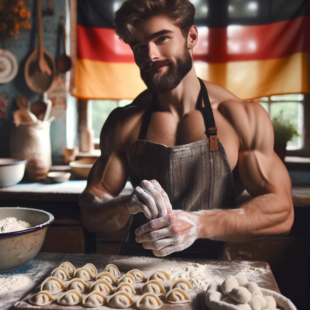 AI generated: A raw photograph of a dark blond, 23-year-old muscular man with a beard in a kitchen setting, lookin...