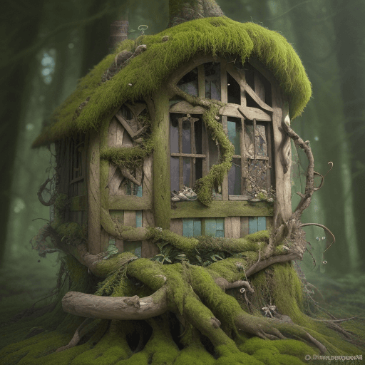 AI generated: (Wooden boards overgrown with moss entwined along the edge of intricate and various leaves and twigs...