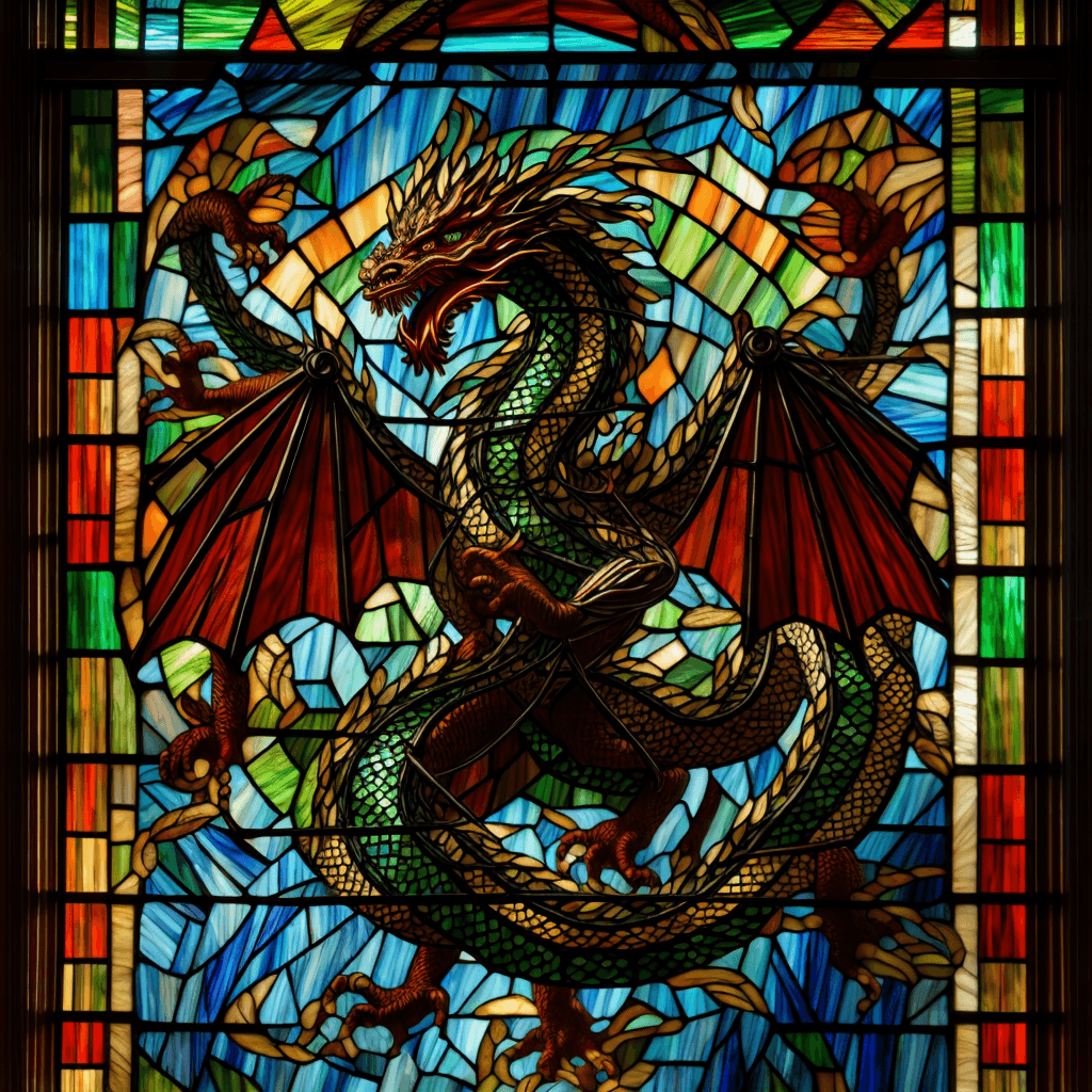 AI generated: a vibrant stained glass art piece of one Chinese dragon, Rays of sunlight shine through the window, ...