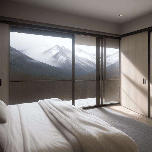 AI generated: Low-angle shot of a contemporary bedroom with a panoramic mountain view. The bedroom showcases a pla...