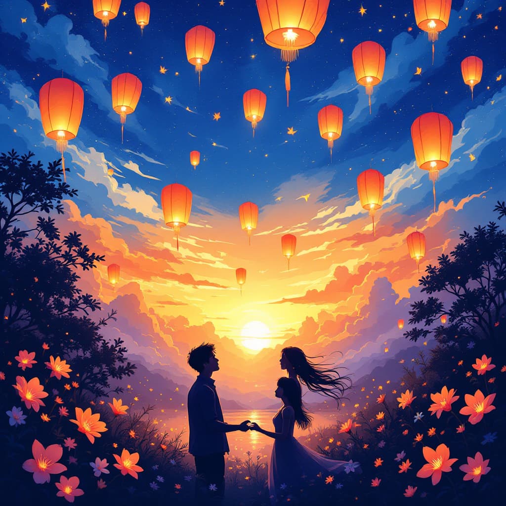 AI generated: Deep blue sky, orange, Kongming lanterns flying in the sky, late at night girl and girl in love ,flo...