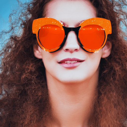 AI generated: close up portrait of woman with orange sunglasses, glitter on her face, sun rays, glowy skin, hyper ...