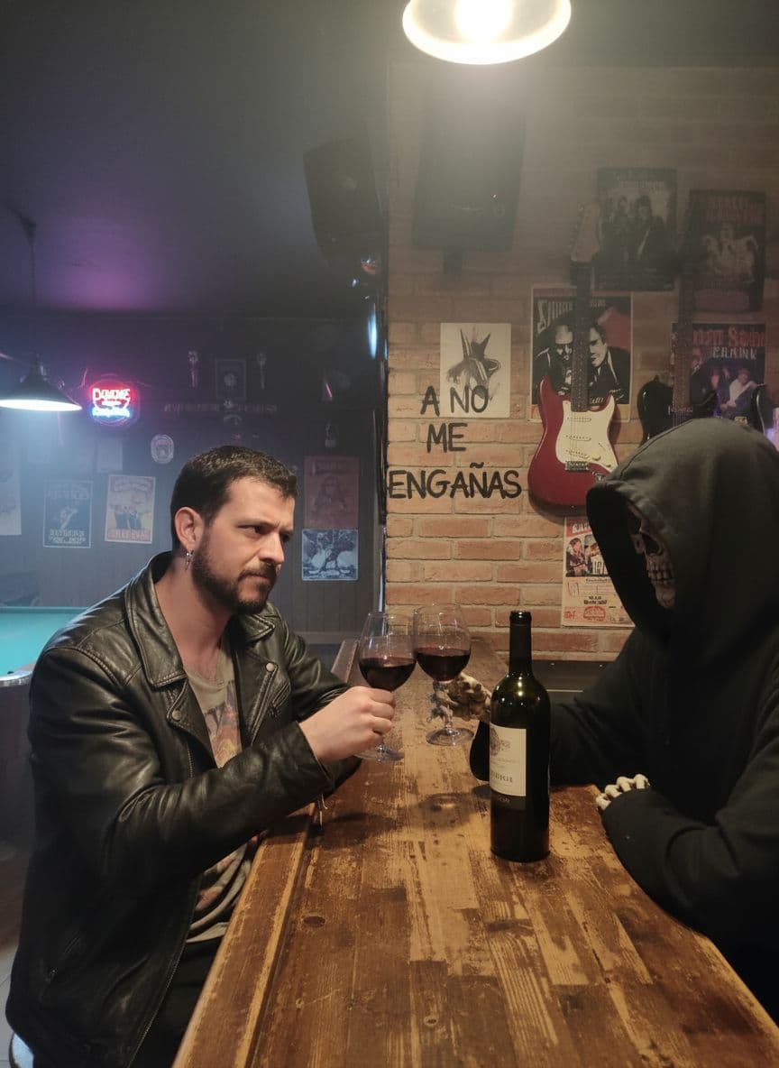 AI generated: Quiero que me des al tipo de las imágenes en un bar de Rock and roll bebiendo con la muerte. Quiero ...
