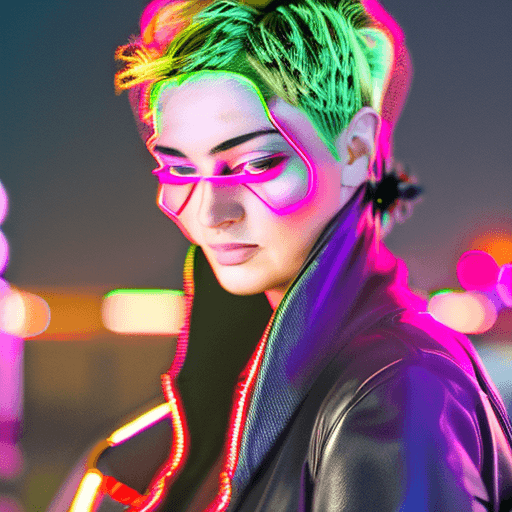 AI generated: A lady with a cute face, and sleepy beautiful eyes, wearing a black jacket, bright-colored neon pink...